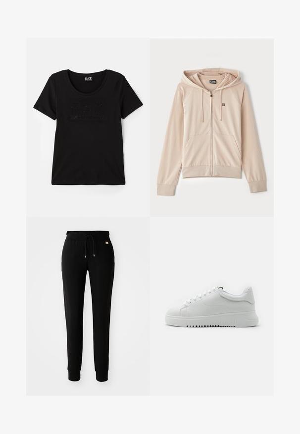 Bežna zip-up kapuca s kapuco. Ima raglan rukave, prednje dzepove in majhen logotip na prsih. Mehka, gladka tkanina z elastikami na konicah rokavov.; Črna kratkotrajna majica z mehkim materialom, ki ima na sprednji strani subtilen sijoč logotip v tonirni zasnovi. Okrogel izrez.; Črne slim fit trenirke z vrvico v pasu in z manšetami na gležnjih, prikazane na beli ozadju.; Bele tene jaha z višezložno usnje, okroglim nosom in vezalnim dizajnom. Debel beli gumijast podplat z teksturiranim oprijemnim vzorcem.