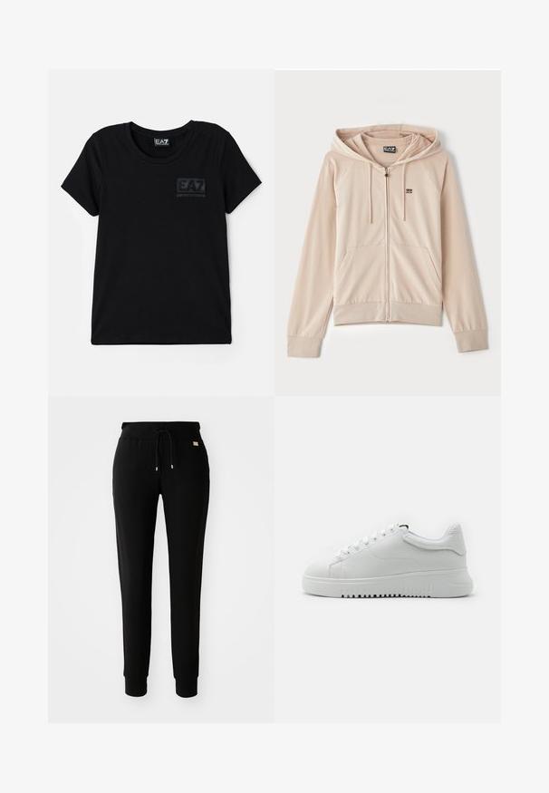 Fleece bege com fecho e capuz. Possui mangas raglan, bolsos frontais e um pequeno logótipo no peito. Tecido suave e macio com punhos elásticos.; T-shirt preta de manga curta feita de algodão, com gola redonda e um patch em relevo do logo EA7 no peito. Design simples e textura suave.; Calças de sweat preto ajustadas com cordão na cintura e pernas com punho, expostas sobre um fundo branco liso.; Sapatilhas brancas com um upper de couro texturizado, bico arredondado e design de atacadores. Sola grossa de borracha branca com padrão de aderência texturizado.