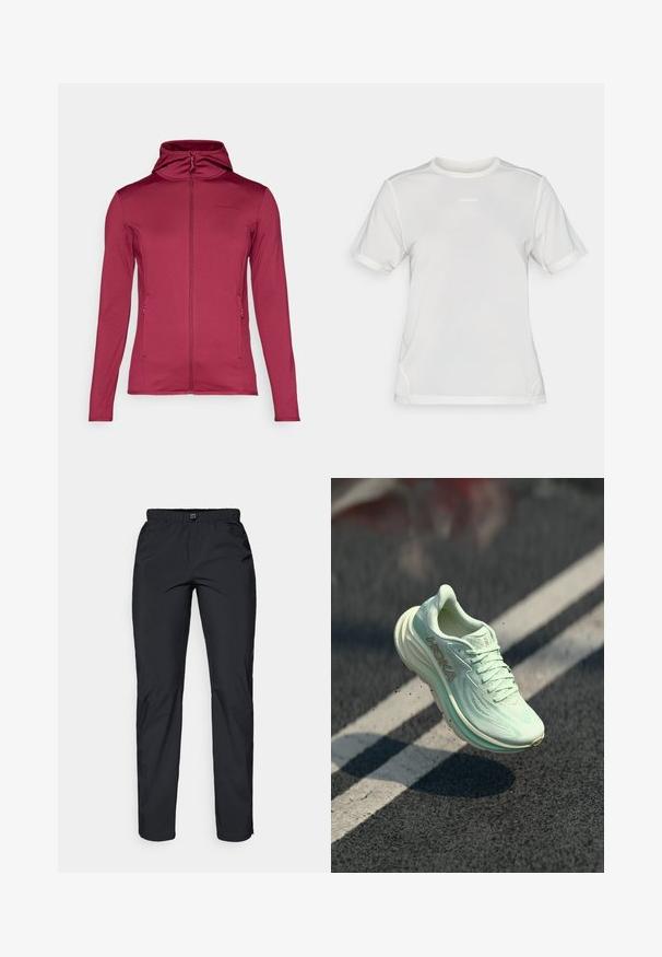 Bordo zip-up jakna s kapuljačom, dugim rukavima, dva prednja džepa sa patentnim zatvaračem i teksturiranom tkaninom. Sadrži brendiranje na prsima.; Bijela kratkodlana atletska majica s kratkim rukavima, okruglim izrezom i malim logotipom "Salomon" smještenim u središtu prsnog dijela.; Crne, lagane, vodoodbojne hlače s elastičnom gumom u struku i dva bočna džepa; glatka tekstura; ravne nogavice.; HOKA trkačke tenisice u svijetlo mint zelenoj boji, s teksturiranim mrežastim gornjim dijelom, zaobljenim vrhom, podstavljenom gumom i istaknutim logotipom sa strane.