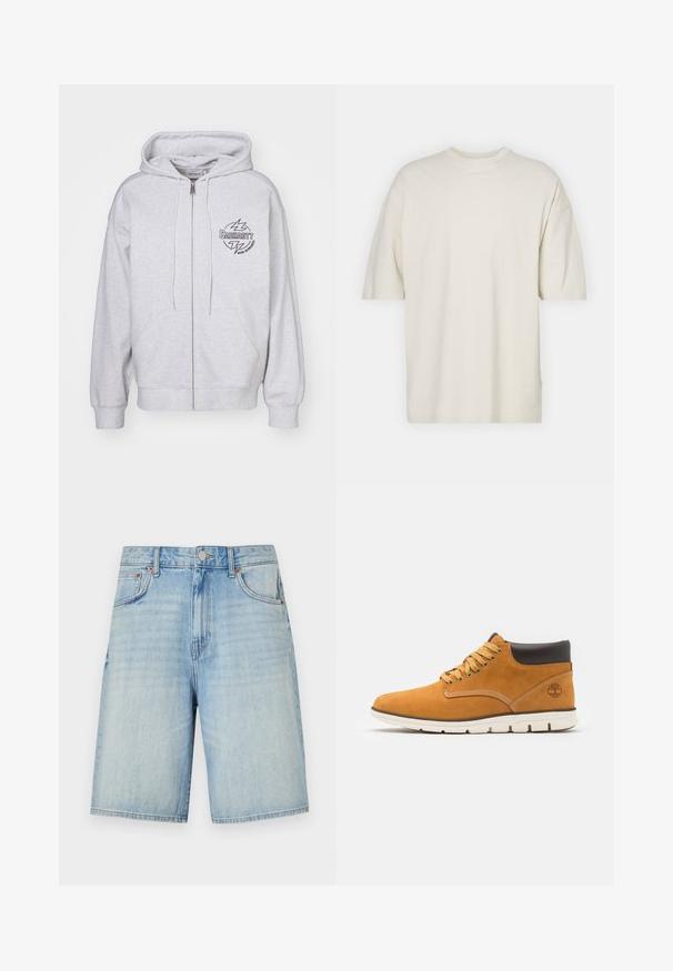 Grå hettegenser med glidelås, forlomma, justerbare snorer og en svart logo med lyn på venstre bryst. Myk tekstur.; Kortermet t-skjorte med rund hals i off-white bomull, med en avslappet passform og myk tekstur, uten synlige mønstre eller detaljer.; Lyseblå denimshorts med rett snitt, med knapp- og glidelås-lukking, fem lommer, og en lett falmet finish.; Brune suède ankelstøvler med polstret krave, der har gyldne øskner og snørebånd, kontraststing og en hvid gummisål.