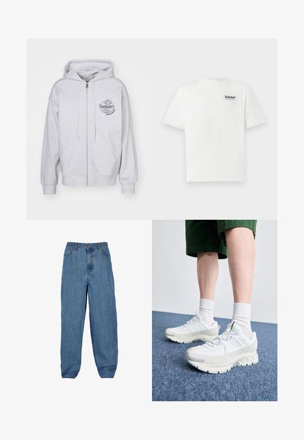 Pilkas zip-up džemperis su priekinėmis kišenėmis, reguliuojamomis raišteliais ir juodu logotipu, kuriame pavaizduoti žaibai kairėje krūtinės pusėje. Minkšta tekstūra.; Balta medvilnė marškinėliai su mėlynu siuvinėtu "Timberland Rugged Active Gear" logotipu kairiajame krūtinės viršuje. Trumpi rankovės ir apvalus kaklas.; Šviesiai mėlynos džinsinės kelnės su aukštu liemeniu, plačiomis kojomis, penkių kišenių stiliumi ir sagos bei užtrauktuko uždarymu.; Baltos sportinės bateliai su tekstūruotais uždengimais, masyviu padu ir pilkais akcentais. Dėvimi su baltais trumpais kojiniais ir žaliais šortais mėlyname paviršiuje.