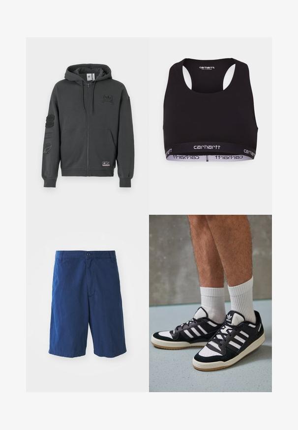 Grau zip-up Hoodie aus weichem Stoff. Mit Kapuze, gerippten Bündchen und zwei bedruckten Logos auf der Brust und dem Ärmel. Regelmäßige Passform.; Schwarzer Sport-BH mit rundem Ausschnitt und Racing-Rücken-Design. Verfügt über einen verstärkten Bund mit weißem "Carhartt"-Branding. Weicher Stoff.; Dunkelblaue Baumwollshorts mit einem frontalen Knopfverschluss, Seitentaschen und geradem Schnitt. Sie haben eine glatte Textur und keine sichtbaren Muster.; Schwarz-weiße Sneaker mit einem Obermaterial aus Wildleder und Leder, ausgestattet mit drei weißen Streifen, einer perforierten Zehenpartie und einer Sohle aus Gummi.