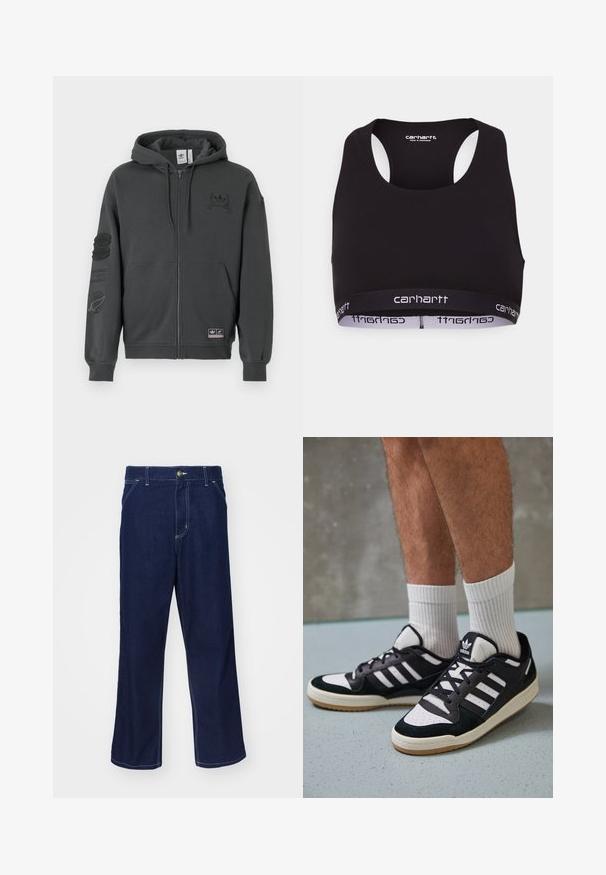 Pilkas užtrauktukas su kapučionu, pagamintas iš minkštos medžiagos. Yra kapučionas, gumuoti rankogaliai ir du spaudiniai logotipai ant krūtinės ir rankovės. Įprasto kirpimo dizainas.; Juodas sportinis liemenukas su apvaliu iškirpimu ir lenktu gale dizainu. Yra sustiprinta juosmens juosta su balta "carhartt" ženklinimo. Minkštas audinio paviršius.; Tamsiai mėlynos džinsinės kelnės su tiesia kojų forma, turinčios šviesių siūlių detales ir priekine sagtele. Lygus tekstūra.; Juodos ir baltos sportinės bateliai su zomšiniu ir odiniu viršumi, su trimis baltomis juostelėmis, perforuota koja ir guminėmis padais.