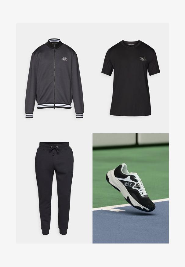 Pelēks jaku ar rāvējslēdzēju un ribotu apkakli, ar baltiem svītrainiem piedurkņu galiem un EA7 logo uz krūtīm. Gluda tekstūra, brīvs piegriezums un sānu kabatas.; Melnā īsām piedurknēm T-krekls, kas izgatavots no mīksta auduma, ar apaļu kakla izgriezumu un mazu baltu logotipu kreisajā krūtīs.; Melnas sporta bikses, izgatavotas no kokvilnas maisījuma, ar elastīgu jostasvietu un šņorēm, sānu kabatām un ribota stila aprocēm pie potītēm.; Melnā un baltā krāsā EA7 Emporio Armani sporta apavi, kas karājas virs zila un zaļa tenisa korta līnijām.