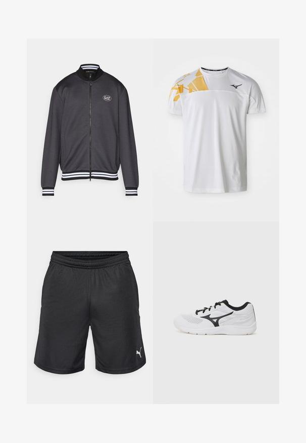 Jachetă gri cu fermoar, cu guler ribbed, manșete striped albe și logo-ul EA7 pe piept. Textură netedă, croială lejeră și buzunare laterale.; Tricou sport alb cu un design geometric galben pe un umăr, textură fină, guler rotund și logo în gri închis.; Shorts de atletism negri, confecționați dintr-un material ușor, având o talie elastică și logo-ul Puma în alb pe partea dreaptă jos.; Pantofel sportiv alb cu accente negre, din material textil respirabil, cu șireturi, vârf rotund și talpă texturată. Conține logo pe lateral.
