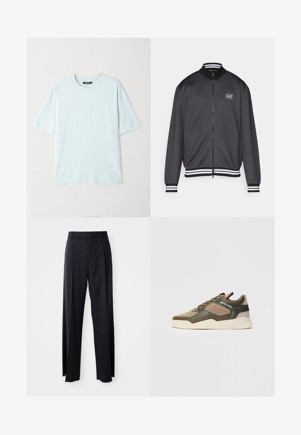 Gray zip-up jacket with a ribbed collar, white striped cuffs, and EA7 logo on the chest. Smooth texture, relaxed fit, and side pockets.; Light blue short-sleeve t-shirt with a crew neck, made from soft fabric. Features a relaxed fit and smooth texture without patterns or accents.; Black, high-waisted trousers with a wide-leg cut, made of smooth fabric. Features front pleats and belt loops. Minimalistic design, no visible hardware.; Beige and green low-top sneaker with perforated sides, white sole, lace-up front, and "FILLING PIECES" branding on the side panel.