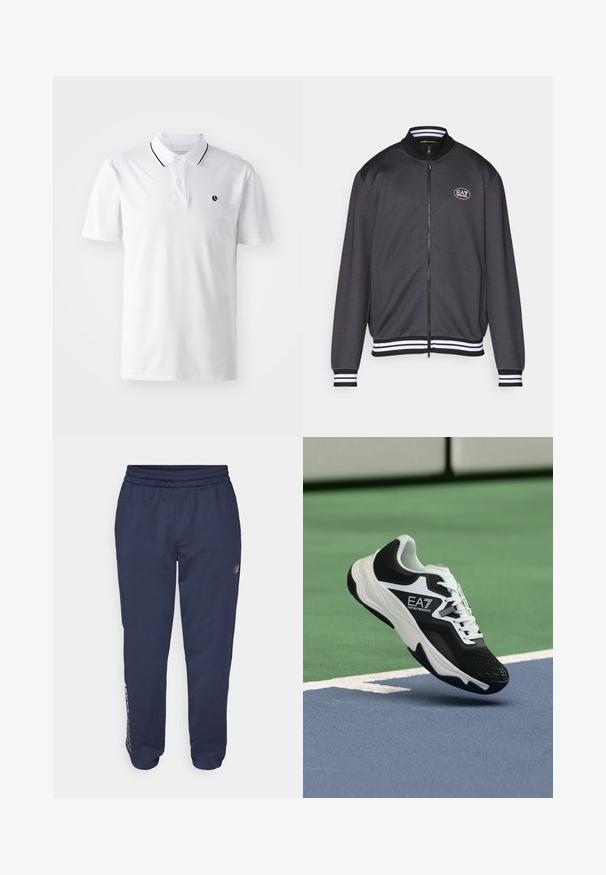 Siva jakna na zip s rebrastim ovratnikom, bijelim prugastim manžetama i EA7 logotipom na prsima. Glatka tekstura, opušteni kroj i bočni džepovi.; Bijela polo majica s kratkim rukavima, s placket-om na dva dugmeta i crnim detaljima na ovratniku. Sadrži mali crni logo na prsima.; Navy plave trenerke od mekane tkanine, sa remenom za stezanje u struku, bočnim džepovima i logom otisnutim duž lijeve nogavice.; Crno-bijela tenisica EA7 Emporio Armani koja se nalazi iznad plavih i zelenih linija teniskog terena.