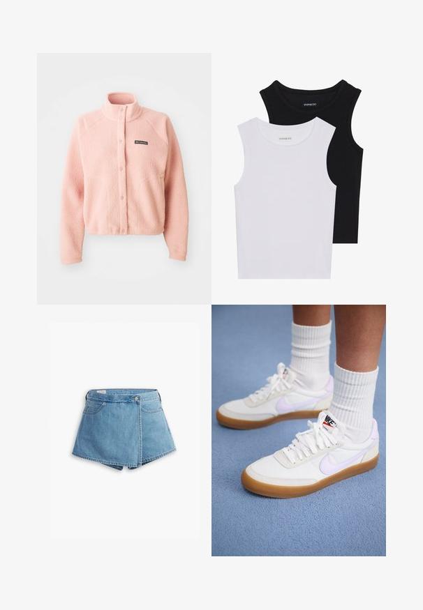 Mjuk rosa fleecejacka med tryckknap stängning, hög krage, långa ärmar och Columbia-logotyp på bröstet.; Två ärmlösa toppar i svart och vitt, tillverkade av ribbat bomull, med rund halsringning och en figurpassande design. Etiketter synliga på båda.; Jeansshorts i ljusblått, med en omslagdesign, framfickor och metallknappslutning. Snygg textur med sydda kanter.; Vita canvas sneakers med en ljus lila Nike-swoosh, gummisula och platta snörning. Bärs med vita ribbade strumpor, mot en blå bakgrund.