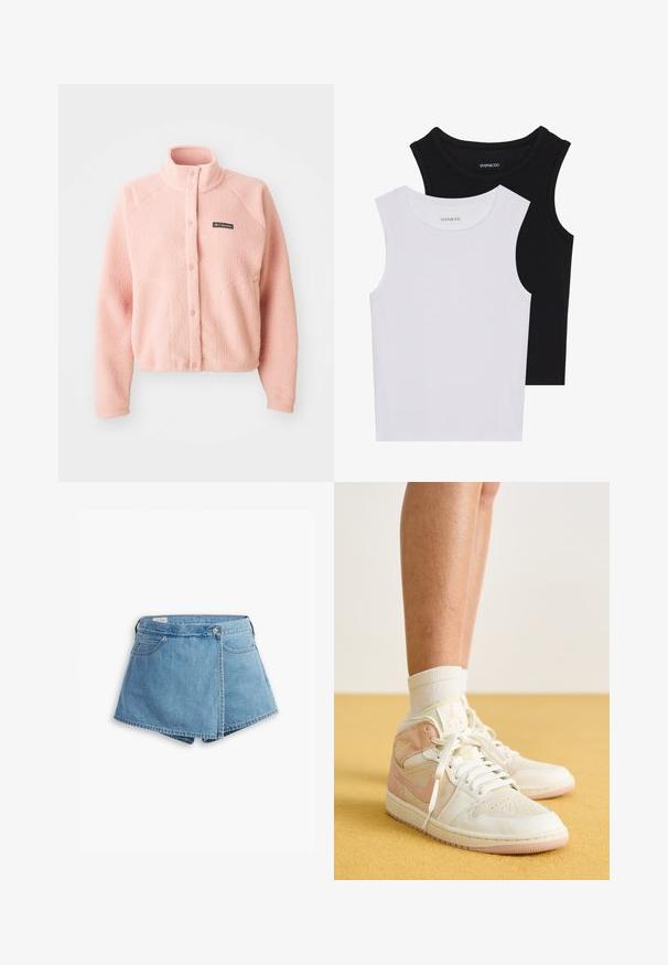 Chaqueta de forro polar suave en color rosa con cierre de botones a presión, cuello alto, mangas largas y logotipo de Columbia en el pecho.; Dos camisetas sin mangas en negro y blanco, hechas de algodón acanalado, con escote redondo y un diseño ajustado. Etiquetas visibles en ambas.; Pantalones cortos de denim en azul claro, con un diseño envolvente, bolsillos frontales y un cierre de botón de metal. Textura suave con bordes cosidos.; Zapatillas blancas de caña alta con detalles en ante rosa claro y puntera perforada. Cordones asegurados, con un logo en el cuello del tobillo.