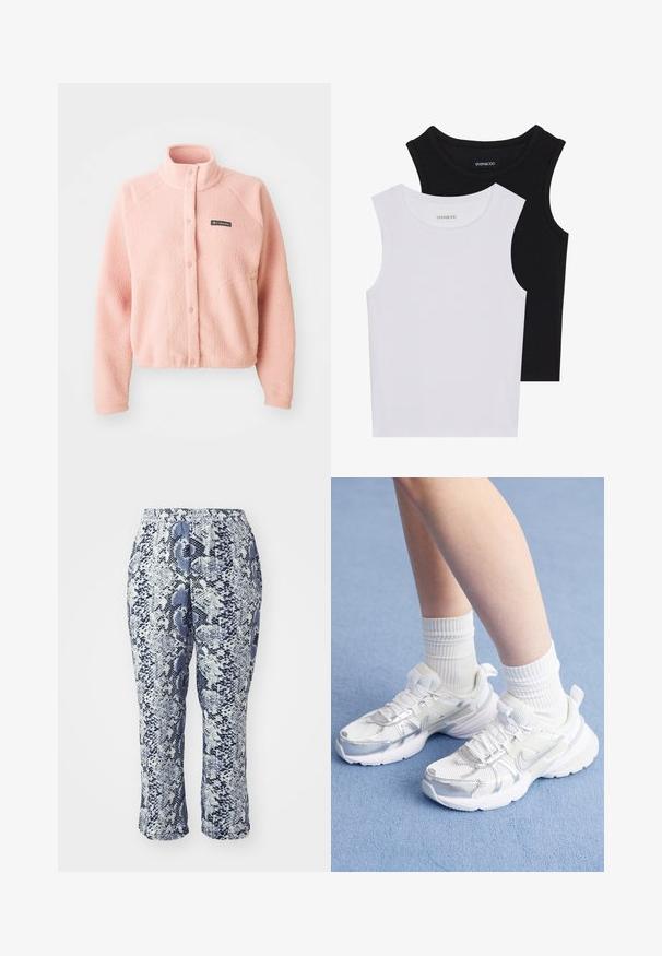 Mehakko roza flis jakna z gumbastim zapiranjem, visokim ovratnikom, dolgimi rokavi in Columbia logotipom na prsih.; Dve brezrokavne majice v črni in beli barvi, izdelane iz rebrastega bombaža, z okroglimi izrezi in prilegajočim oblikovanjem. Oznake so vidne na obeh.; Hlače s tiskom modrega in belega kače z elastičnim pasom, krojem, ki lepo prileže, in dolžino do sredine meča. Tkanina se zdi gladka z blagim sijajem.; Bela športna obutev s čipkastimi in sintetičnimi prekrivalnimi materiali, z značilnim srebrnim Nike znakom, v paru z rebrastimi belimi nogavicami na modri površini.