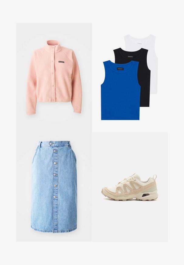 Mīksta rozā flīsa jaka ar pogu aizdari, augstu apkakli, garām piedurknēm un Columbia logo uz krūtīm.; Trīs bezpiedurkņu krekli zilā, melnā un baltā krāsā. Audums ir ribots ar apaļu kakla izgriezumu. Katram kreklam ir birka ar uzrakstu "even&odd."; Gai zila džinsu svārku taisnā griezumā ar priekšējo pogu aizdari un diskrētiem šuvumiem. V-veida apakšmala un bez redzamām rakstu zīmēm.; Beige un krēma sporta apavi ar strukturētu tīkla virsmu, atbalstošajiem slāņiem un gumijas zoli ar protektoru rakstu, kas nodrošina saķeri.