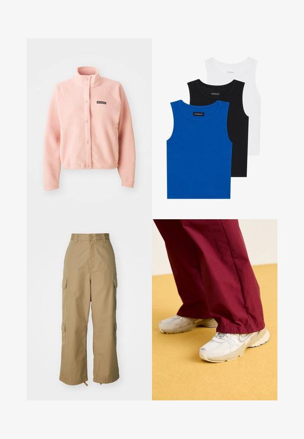 Giacca in pile rosa chiaro con chiusura a bottoni a pressione, colletto alto, maniche lunghe e logo Columbia sul petto.; Tre magliette senza maniche in blu, nero e bianco. Il tessuto è a coste con un colletto rotondo. Ogni maglietta ha un'etichetta con la scritta "even&odd."; Pantaloni cargo beige con vita alta, gamba ampia e quattro grandi tasche laterali. Realizzati in un tessuto resistente con una texture liscia e dettagli minimi.; Sneakers grigi chiari con superfici texture e suole imbottite, abbinati a pantaloni borgogna larghi, su uno sfondo giallo.