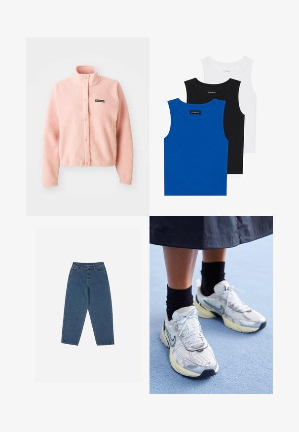 Měkká růžová fleecová bunda s patentním zapínáním, vysokým límcem, dlouhými rukávy a logem Columbia na hrudi.; Tři bezramínkové trička v modré, černé a bílé barvě. Materiál je ribovaný s kulatým výstřihem. Každé tričko má štítek s nápisem „even&odd.“; Modré džíny z denimu s volným střihem, vysokým pasem, pěticí kapsami a akcenty prošití. Mají zapínání na knoflík a zip.; Bílé a stříbrné tenisky Nike z prodyšné tkaniny s reflexními akcenty a béžovou podrážkou. Nosené s černými ponožkami, stojící na modrém povrchu.