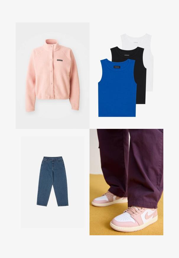 Mehka ružičasta polar jakna s gumbima na preklop, visokim ovratnikom, dugim rukavima i Columbia logom na prsima.; Trii bezrukavne majice u plavoj, crnoj i bijeloj boji. Tkanina je rebrasta s okruglim izrezom. Svaka majica ima oznaku označenu „even&odd.“; Plave traperice s opuštenim krojem, visokim strukom, dizajnom s pet džepova i naglašenim šavovima. Imaju kopčanje na gumb i patentni zatvarač.; Jordan AIR JORDAN 1 - Tenisice - white/pink oxford/sail