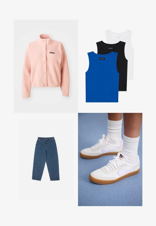 Mjuk rosa fleecejacka med tryckknap stängning, hög krage, långa ärmar och Columbia-logotyp på bröstet.; Tre ärmlösa tröjor i blått, svart och vitt. Tyget är ribbat med rund halsringning. Varje tröja har en etikett märkt "even&odd."; Blå denimjeans med avslappnad passform, hög medium, femficksdesign och sömnadsdetaljer. Har knapp- och dragkedjestängning.; Vita canvas sneakers med en ljus lila Nike-swoosh, gummisula och platta snörning. Bärs med vita ribbade strumpor, mot en blå bakgrund.