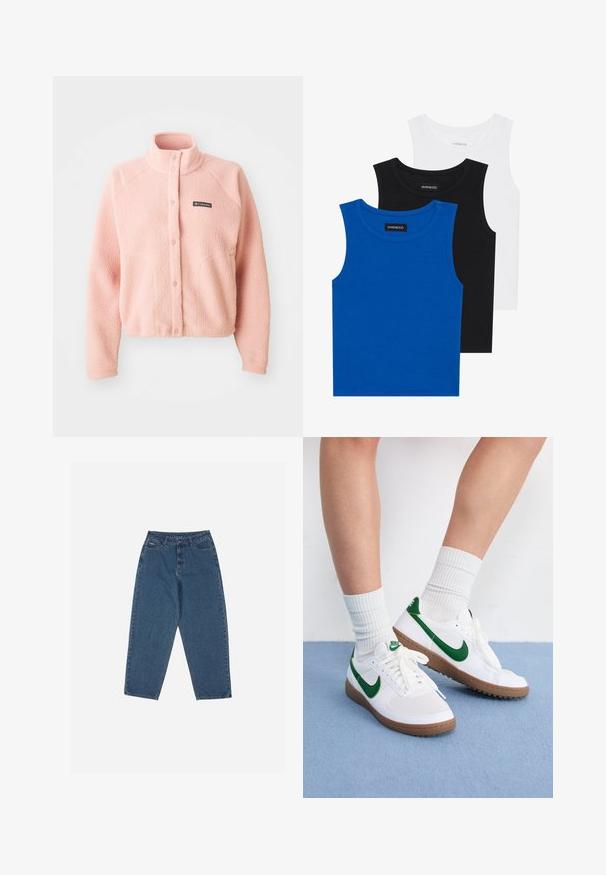 Puha rózsaszín polárdzseki patentgombos záródással, magas gallérral, hosszú ujjal és Columbia logóval a mellkasán.; Három ujjatlan póló kék, fekete és fehér színben. Az anyaga bordázott, kerek nyakkivágással. Minden pólón egy "even&odd" feliratú címke található.; Kék farmernadrág, laza szabással, magas derékkal, öt zsebes kialakítással és varrási díszítésekkel. Gombos és cipzáros záródással rendelkezik.; Fehér sportcipők zöld részletekkel és logóval. Gumitalp barna textúrával. Fűzős dizájn, fehér bordázott zoknikkal párosítva.