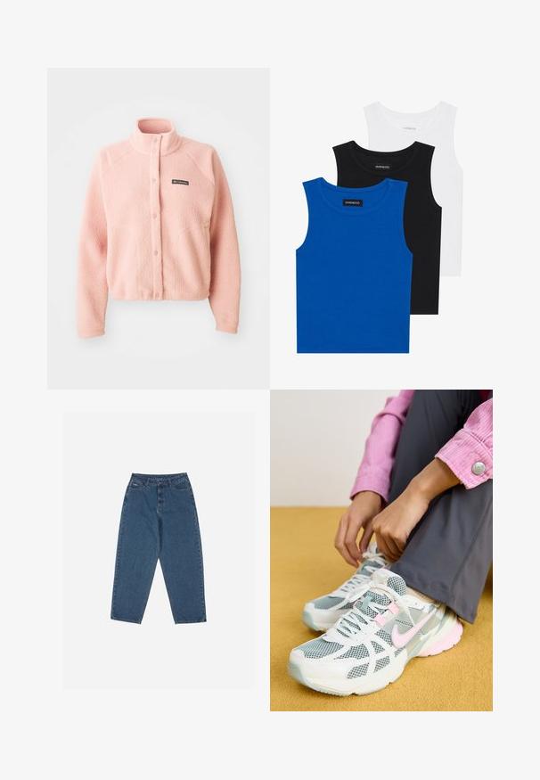 Mehakko roza flis jakna z gumbastim zapiranjem, visokim ovratnikom, dolgimi rokavi in Columbia logotipom na prsih.; Tri majice bez rukavov v modri, črni in beli barvi. Tkanina je rebrasta z okroglo ovratnikom. Vsaka majica ima oznako "even&odd."; Modre traperke z ohlapnim krojem, visokim pasom, petimi žepi in poudarjenim šivanjem. Imajo gumb in zadrgo za zapiranje.; Nike tekaške čevlje z belim in svetlo sivim mrežastim zgornjim delom, roza dodatki in oblazinjeno podplatom. Obuti z sivimi hlačami, sedeč na rumeni površini.