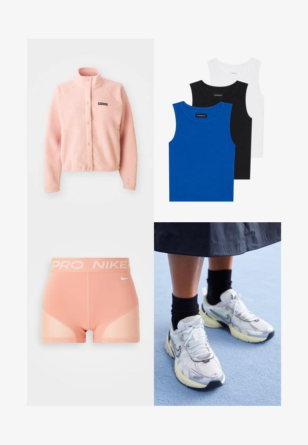 Veste en polaire rose doux avec fermeture à boutons-pression, col montant, manches longues et logo Columbia sur la poitrine.; Trois débardeurs sans manches en bleu, noir et blanc. Le tissu est côtelé avec un col rond. Chaque débardeur a une étiquette portant la mention « even&odd ». ; Shorts de compression pêche clair avec une large ceinture élastique portant les marques "PRO" et "NIKE", et des panneaux en maille sur les côtés pour la respirabilité.; Baskets Nike blanches et argentées avec tissu en maille, accents réfléchissants et semelle beige. Portées avec des chaussettes noires, se tenant sur une surface bleue.