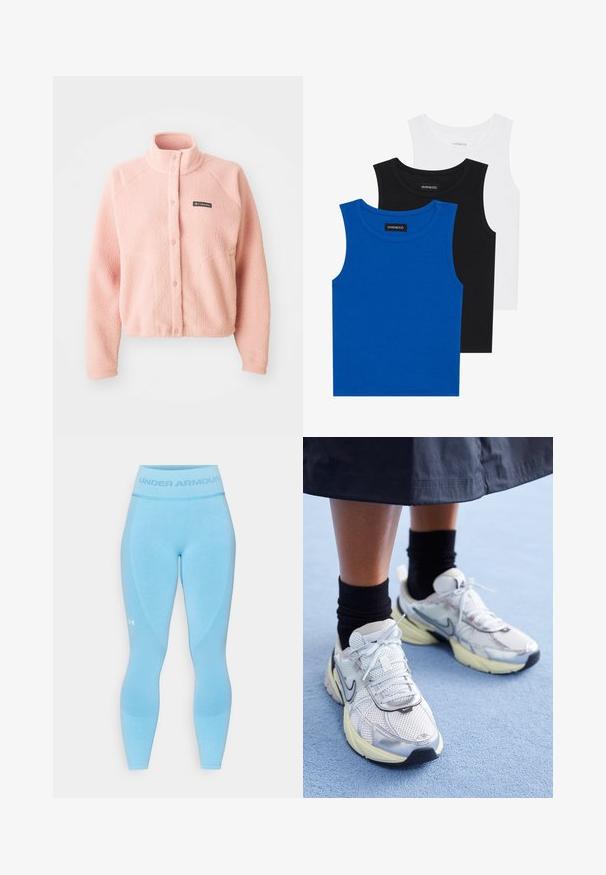 Miękka różowa polarowa kurtka z zapięciem na napy, wysokim kołnierzem, długimi rękawami i logo Columbia na piersi.; Trzy bezrękawniki w kolorach niebieskim, czarnym i białym. Materiał to prążkowana tkanina z okrągłym dekoltem. Każdy top ma metkę z napisem "even&odd."; Jasnoniebieskie legginsy sportowe z wysokim pasem, teksturowanymi akcentami oraz logo "Under Armour" w kontrastowym kolorze na pasie i boku.; Białe i srebrne sneakersy Nike z siateczkowym materiałem, odblaskowymi akcentami i beżową podeszwą. Noszone z czarnymi skarpetkami, stojące na niebieskiej powierzchni.