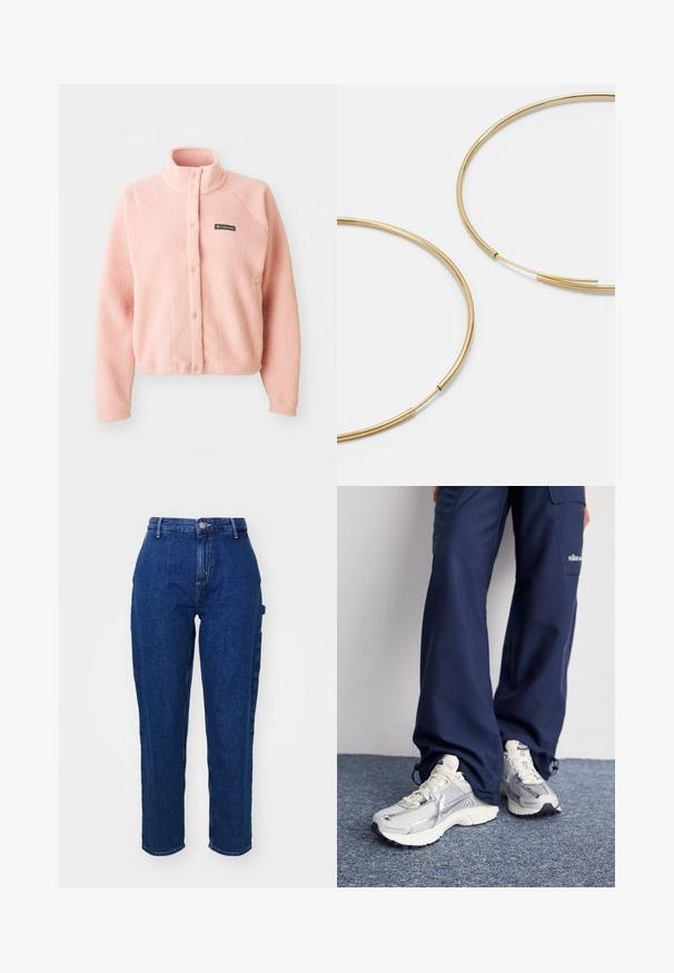 Pehme roosa fliisjakk, millel on nööpide sulgemine, kõrge krae, pikad varrukad ja Columbia logo rinna piirkonnas.; Kolme ilmavarrukatega särki sinises, mustas ja valges värvuses. Kangas on ribakujuline ja ümmarguse kaelusega. Igal särgil on silt, millel on kirjas "even&odd."; Tumedatest sinisest denimist teksad kõrge vöökohaga, sirge lõikega, ees-nuppude kinnitusega ja küljetaskutega. Sujuv tekstuur, millel on kerge elastsus.; Nike spordijalatsid hõbedase võrkkanga ülaosaga, valgete aktsentidega ja tekstuuriga tallad, koos laia lõikega tumesiniste pükstega.; Kulla värvi nõelad, õhukesed ja ümmargused, millel on sile metallist pind ja ilma kaunistuste või mustriteta.