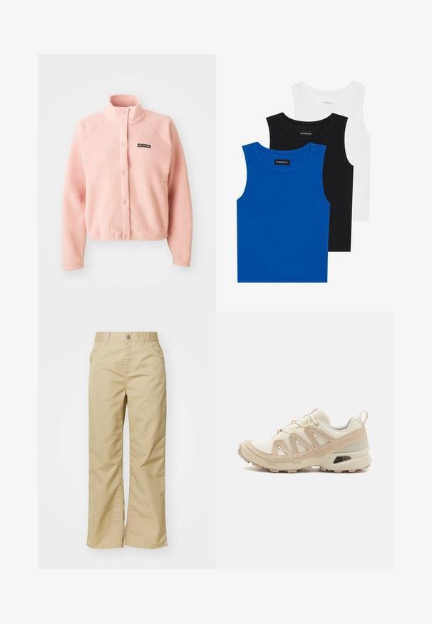Weiche rosa Fleecejacke mit Druckknopfverschluss, hohem Kragen, langen Ärmeln und Columbia-Logo auf der Brust.; Drei ärmellose Hemden in Blau, Schwarz und Weiß. Der Stoff ist gerippt und hat einen runden Ausschnitt. Jedes Hemd hat ein Etikett mit der Aufschrift "even&odd".; Beige Baumwoll-Hose mit weitem Bein und glatter Textur, mit vorderen Taschen und einem silbernen Knopf am Bund.; Beige und cremefarbenen Sportschuh mit strukturiertem Mesh-Obermaterial, unterstützenden Überzügen und Gummisohle mit einem Profilmuster für Bodenhaftung.