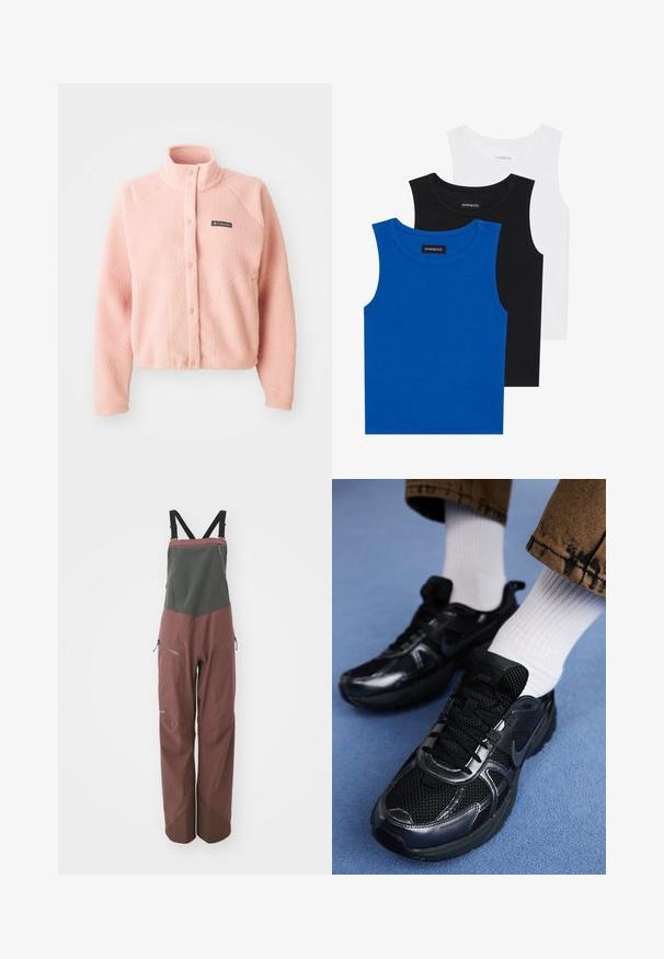 Soft pink fleece jacket with snap button closure, high collar, long sleeves, and Columbia logo on the chest.; Three sleeveless shirts in blue, black, and white. The fabric is ribbed with a round neckline. Each shirt has a tag labeled “even&odd.”; Patagonia SNOWDRIFTER BIBS - Ski pants - dulse mauve; Black Nike sports shoes feature a mesh upper with shiny accents, black laces, and a textured sole. Paired with white ribbed socks.