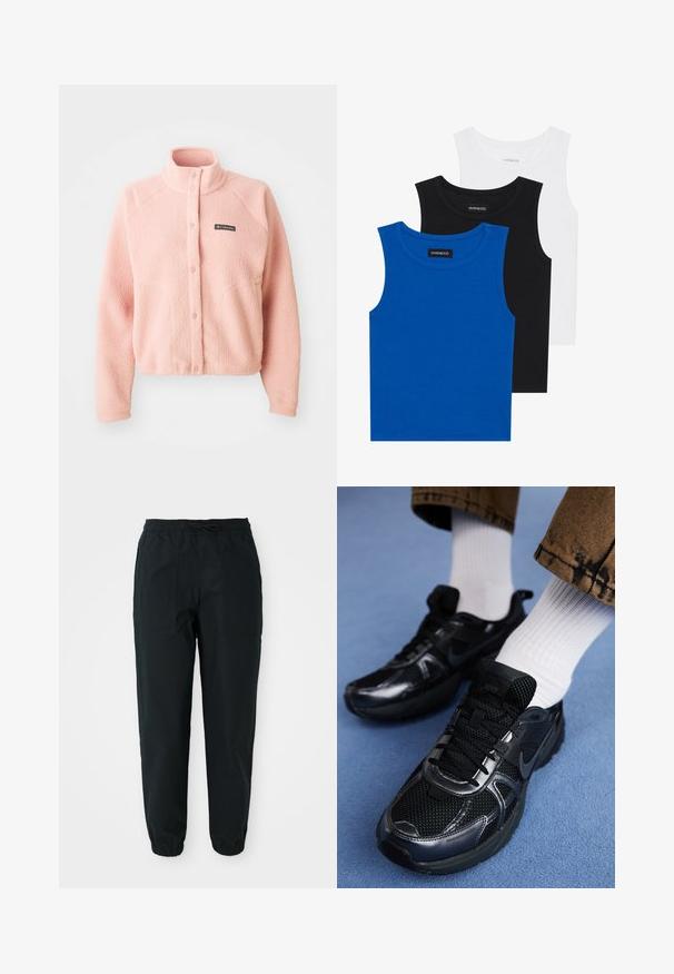 Mehka ružičasta polar jakna s gumbima na preklop, visokim ovratnikom, dugim rukavima i Columbia logom na prsima.; Trii bezrukavne majice u plavoj, crnoj i bijeloj boji. Tkanina je rebrasta s okruglim izrezom. Svaka majica ima oznaku označenu „even&odd.“; Crne tapered hlače izrađene od glatkog materijala, s elastičnim pojasom, vezicom i bočnim džepovima. Elastične manžetne na gležnjevima.; Crne Nike sportske cipele imaju mrežasti gornji dio s sjajnim akcentima, crne vezice i teksturiranu potplat. Uparen s bijelim rebrastim čarapama.