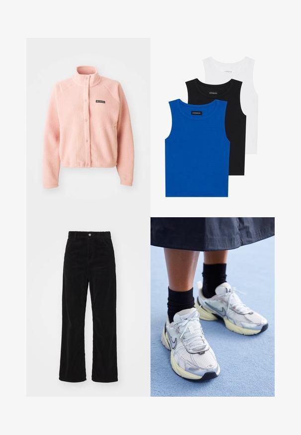 Soft pink fleece jacket with snap button closure, high collar, long sleeves, and Columbia logo on the chest.; Three sleeveless shirts in blue, black, and white. The fabric is ribbed with a round neckline. Each shirt has a tag labeled “even&odd.”; Black corduroy wide-leg pants with a high waist, featuring a front button and zipper closure, and vertical ribbed texture throughout.; White and silver Nike sneakers with mesh fabric, reflective accents, and a beige sole. Worn with black socks, standing on a blue surface.
