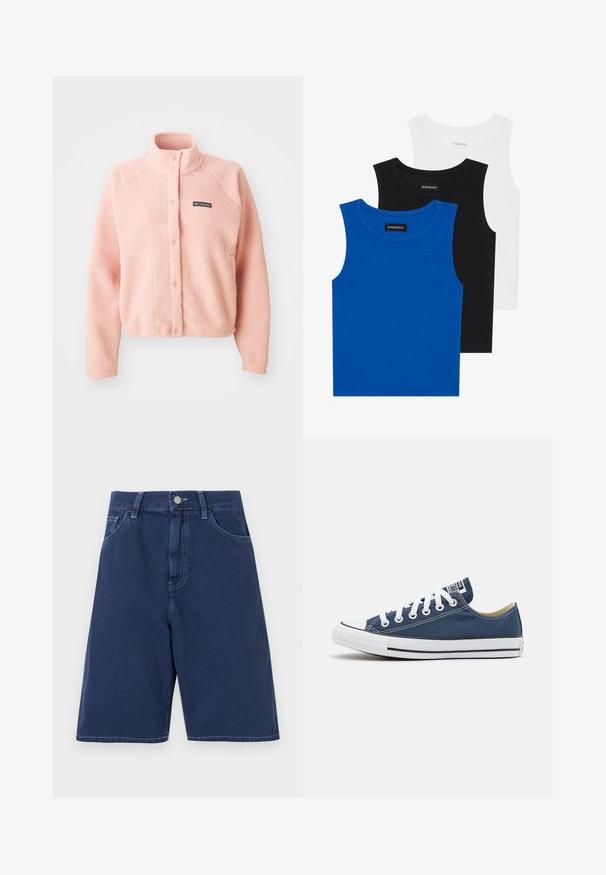 Pehme roosa fliisjakk, millel on nööpide sulgemine, kõrge krae, pikad varrukad ja Columbia logo rinna piirkonnas.; Kolme ilmavarrukatega särki sinises, mustas ja valges värvuses. Kangas on ribakujuline ja ümmarguse kaelusega. Igal särgil on silt, millel on kirjas "even&odd."; Tumedat sinised teksapüksid traditsioonilise viie taskuga disainiga, vöötrate ning ees oleva nupuga kinnitusega. Sile tekstuur nähtava õmblusega.; Tumesinised kanvasjalatsid valge silmade ja paeltega, millel on valge kummist varbakiirus ja must triibuline jooneäär.