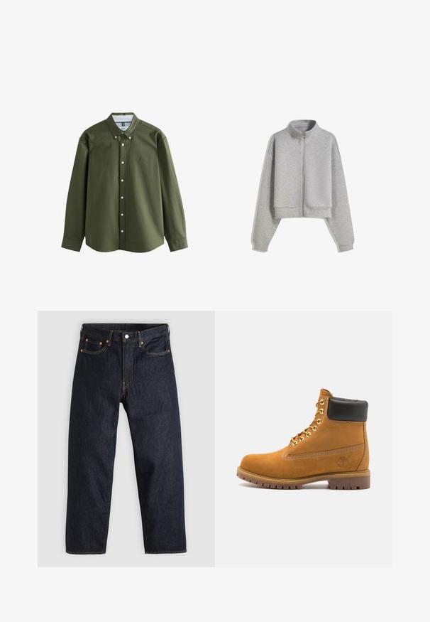 Korte grijze zip-up sweatshirt met een hoge kraag, lange mouwen en geribbelde manchetten. Gemaakt van zacht, lichtgewicht materiaal met een gladde textuur.; Olijfgroene langemouwen shirt met een button-down kraag, frontknopen en een klein geborduurd logo. Zachte stof met een gestructureerd ontwerp.; Witte spiergetailleerde t-shirt van katoen. Ronde hals, korte mouwen, gladde textuur. Klein zwart logo-label aan de zoom. Eenvoudig ontwerp.; Donkerblauwe denim jeans met een rechte snit, vijf zakken, contrasterende oranje stiksels en een knoopsluiting. Geen zichtbare patronen of versieringen.; Tan suède enkelboot met zwart gevoerd kraagje, gouden metalen oogjes, witte stikdetails en een robuuste rubberen zool met uitgesproken profiel.