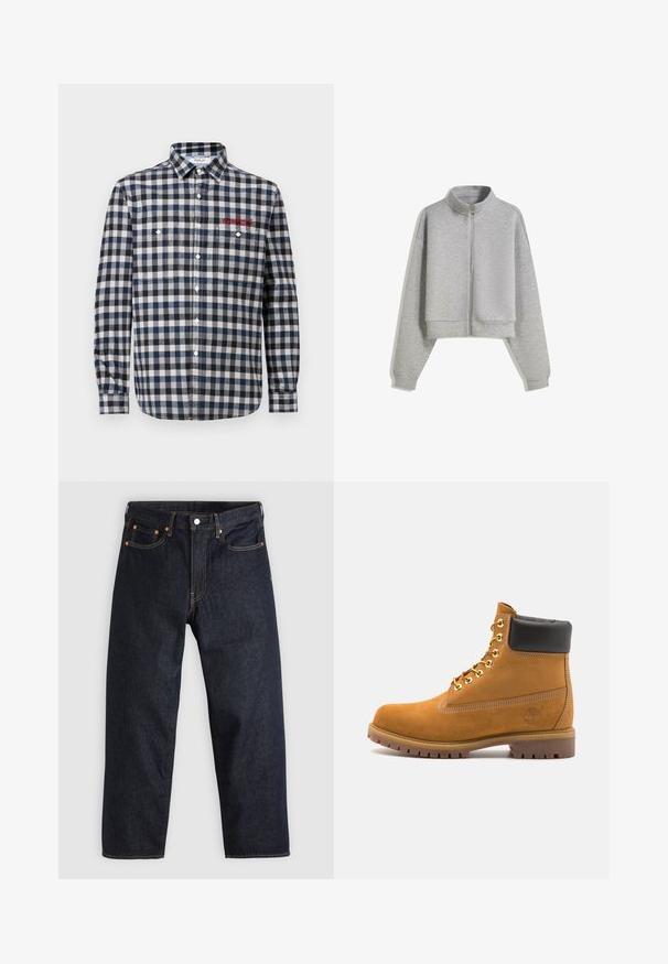 Felpa grigia corti con zip e colletto alto, maniche lunghe e polsini a costine. Realizzata in un materiale morbido e leggero con una texture liscia.; Camicia da uomo con bottoni, a quadri blu e bianchi, dotata di due tasche sul petto, colletto classico e dettagli ricamati in rosso.; Jeans in denim blu scuro con taglio dritto, cinque tasche, cuciture arancioni a contrasto e chiusura con bottone. Nessun motivo o decorazione visibile.; Stivale alla caviglia in suede tan con collare imbottito nero, occhielli in metallo dorato, dettagli in cucitura bianca e suola in gomma robusta con battistrada pronunciato.