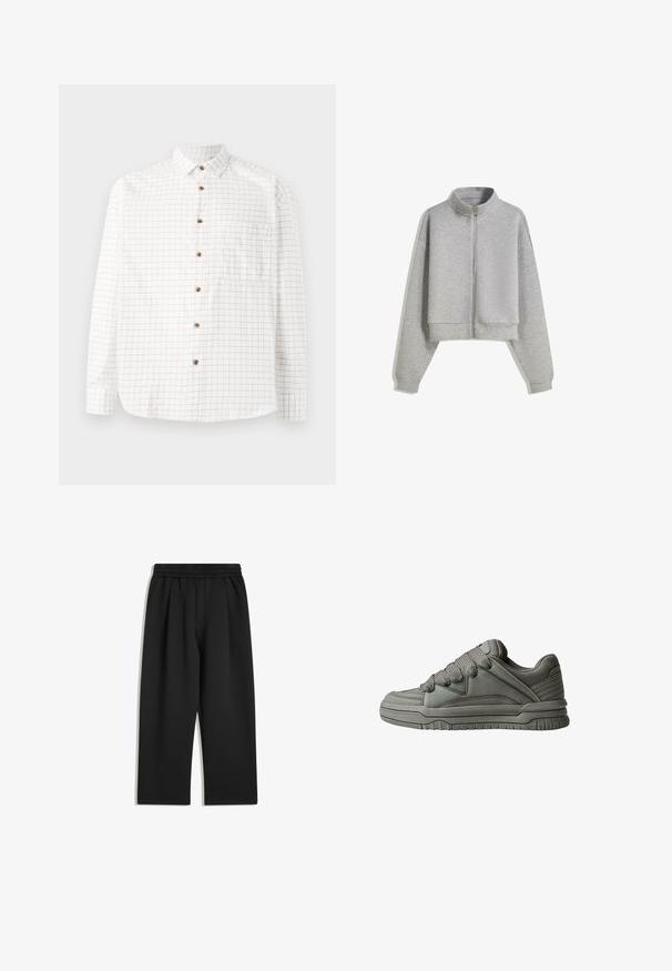 Korte grijze zip-up sweatshirt met een hoge kraag, lange mouwen en geribbelde manchetten. Gemaakt van zacht, lichtgewicht materiaal met een gladde textuur.; Witte button-up shirt met een ruitpatroon in marineblauw, voorzien van een borstzak, afgeronde zoom en houten knopen. Lichtgewicht stof.; Zwarte wijde broek met elastische tailleband en zijzakken, plat weergegeven op een witte achtergrond.; Grijze sportieve schoen met een bovenwerk van gestructureerd leer en mesh, dikke rubberen zool en een opvallende, gewatteerde tong en zijkanten. Veters en zijaccenten zijn inbegrepen.