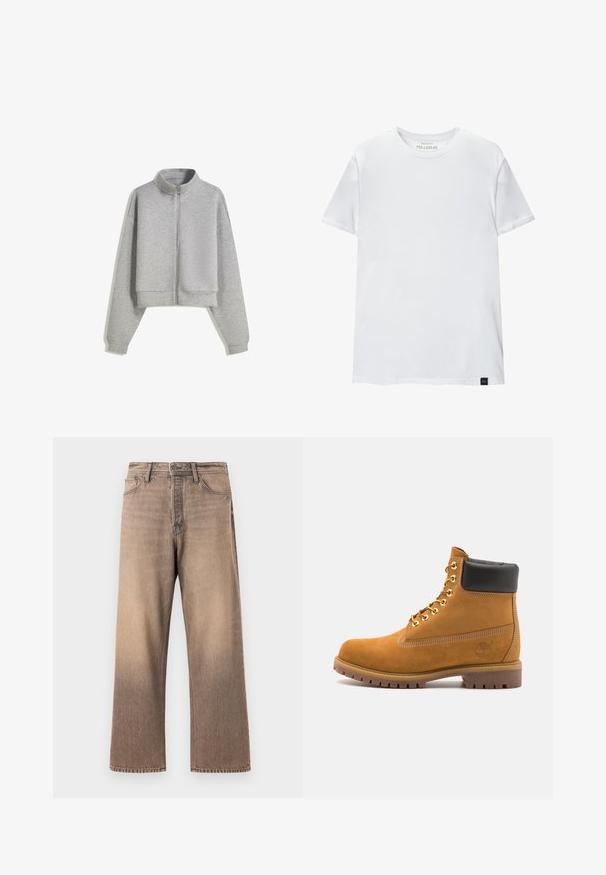 Skraćeni sivi dukserica na zatvaranje s visokim ovratnikom, dugim rukavima i rebrastim manžetama. Izrađena od mekanog, laganog materijala s glatkom teksturom.; Bijela majica uskog kroja od pamuka. Okrugli izrez, kratki rukavi, glatka tekstura. Mali crni logo na rubu. Jednostavan dizajn.; Jeans širokih nogavica u gradijentnom smešnom pranju, s klasičnim dizajnom s pet džepova, petljama za remen i kontrastnim šavovima na glatkoj teksturi denima.; Antracitne antilop čizme do gležnjeva s crnim podstavljenim ovratnikom, zlatnim metalnim rupicama, bijelim šavovima i robusnom gumenom potplatom s izraženim šarama.