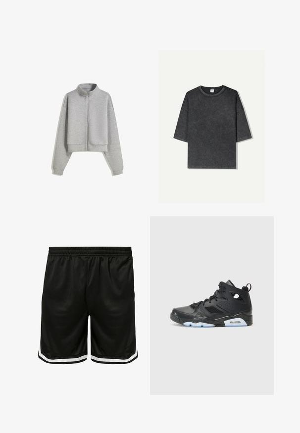 Hanorac scurt gri cu fermoar, guler înalt, mâneci lungi și manșoane ribbate. Fabricat dintr-un material moale, ușor, cu o textură netedă.; Tricou cu mânecă scurtă supradimensionat, de culoare gri închis, fabricat din bumbac. Are un guler rotund și cusături vizibile de-a lungul marginii.; Shorts negri de sport din material mesh, cu talie elastică, dungi albe pe laterale și o croială lejera pentru confort.; Sneaker înalt, de culoare neagră, realizat din piele netedă cu panouri din plasă. Prezintă șireturi negre, o talpă intermediară albă cu o unitate de aer vizibilă și o talpă din cauciuc.
