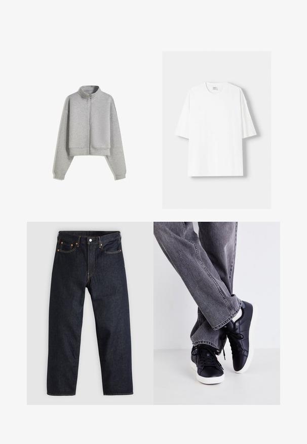 Gecropter grauer Zip-Hoodie mit hohem Kragen, langen Ärmeln und gerippten Bündchen. Hergestellt aus weichem, leichtem Material mit einer glatten Textur.; Weißes kurzärmliges T-Shirt aus Baumwolle mit Rundhalsausschnitt und lockerer Passform. Glatte Textur, ohne sichtbare Muster oder Akzente.; Dunkelblaue Jeans aus Denim mit geradem Schnitt, fünf Taschen, kontrastierenden orangen Nähten und einem Knopfverschluss. Keine sichtbaren Muster oder Verzierungen.; Schwarze Ledersneaker mit weißen Sohlen und Schnürsenkeln, kombiniert mit grauen Jeans. Die Sneaker zeichnen sich durch eine glatte Textur und ein minimalistisches Design aus.