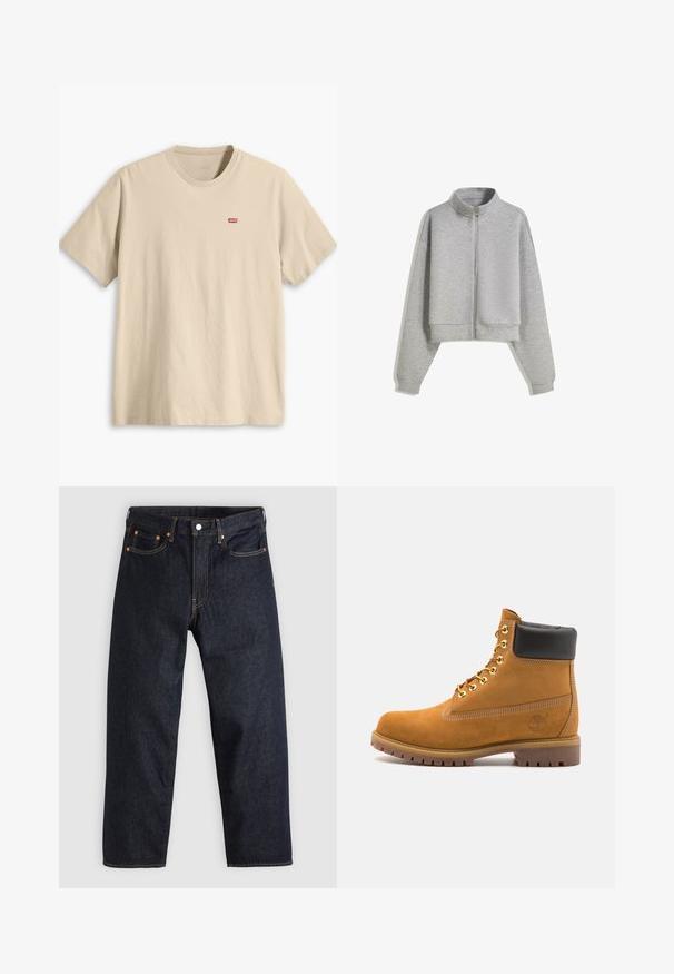 Zkrácená šedá mikina na zip s vysokým límcem, dlouhými rukávy a žebrovanými manžetami. Vyrobena z měkkého, lehkého materiálu s hladkou texturou.; Béžové bavlněné tričko s krátkým rukávem, kulatým výstřihem a malým červeným logem Levi's na levé straně hrudi. Hladká textura, uvolněný střih.; Tmavomodré džíny z denimu se straight střihem, pěti kapsami, kontrastním oranžovým šitím a knoflíkovým zapínáním. Žádné viditelné vzory ani ozdoby.; Hnědé semišové kotníkové boty s černým polstrovaným límcem, zlatými kovovými očky, bílým prošíváním a odolnou gumovou podrážkou s výraznými drážkami.