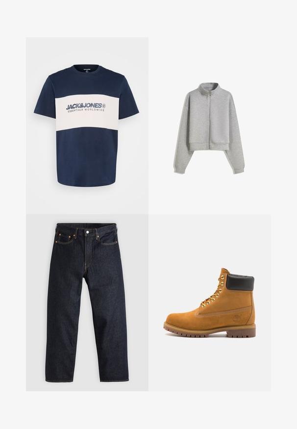 Felpa grigia corti con zip e colletto alto, maniche lunghe e polsini a costine. Realizzata in un materiale morbido e leggero con una texture liscia.; Jack & Jones JJELEGACY BLOCKING TEE O NECK - T-shirt con stampa - navy; Jeans in denim blu scuro con taglio dritto, cinque tasche, cuciture arancioni a contrasto e chiusura con bottone. Nessun motivo o decorazione visibile.; Stivale alla caviglia in suede tan con collare imbottito nero, occhielli in metallo dorato, dettagli in cucitura bianca e suola in gomma robusta con battistrada pronunciato.