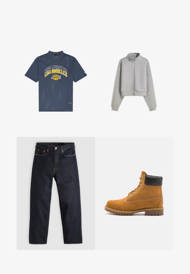 Rövidített szürke zipzáros pulóver magas gallérral, hosszú ujjal és bordás mandzsettákkal. Puha, könnyű anyagból készült, sima textúrával.; Szürke hálós, rövid ujjú mez, V-nyakkivágással. Jellemzője a "LOS ANGELES" sárga és szürke szöveggel, valamint a Lakers logó egy kosárlabda grafikával.; Sötétkék farmernadrág egyenes szabással, öt zsebbel, kontrasztos narancssárga varrással és gombos záródással. Nem látható rajta mintázat vagy díszítés.; Barna velúr bokacipő fekete párnázott gallérral, arany fém fűzőlyukakkal, fehér varrási részletekkel és durva gumitalppal, amelynek kifejezett barázdái vannak.