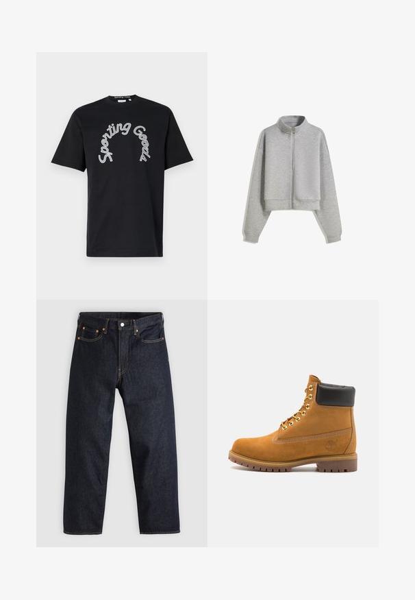 Korte grijze zip-up sweatshirt met een hoge kraag, lange mouwen en geribbelde manchetten. Gemaakt van zacht, lichtgewicht materiaal met een gladde textuur.; Zwarte katoenen t-shirt met een gebogen "Sporting Goods" afdruk in het wit. Korte mouwen en een ronde hals. Luxe textuur.; Donkerblauwe denim jeans met een rechte snit, vijf zakken, contrasterende oranje stiksels en een knoopsluiting. Geen zichtbare patronen of versieringen.; Tan suède enkelboot met zwart gevoerd kraagje, gouden metalen oogjes, witte stikdetails en een robuuste rubberen zool met uitgesproken profiel.
