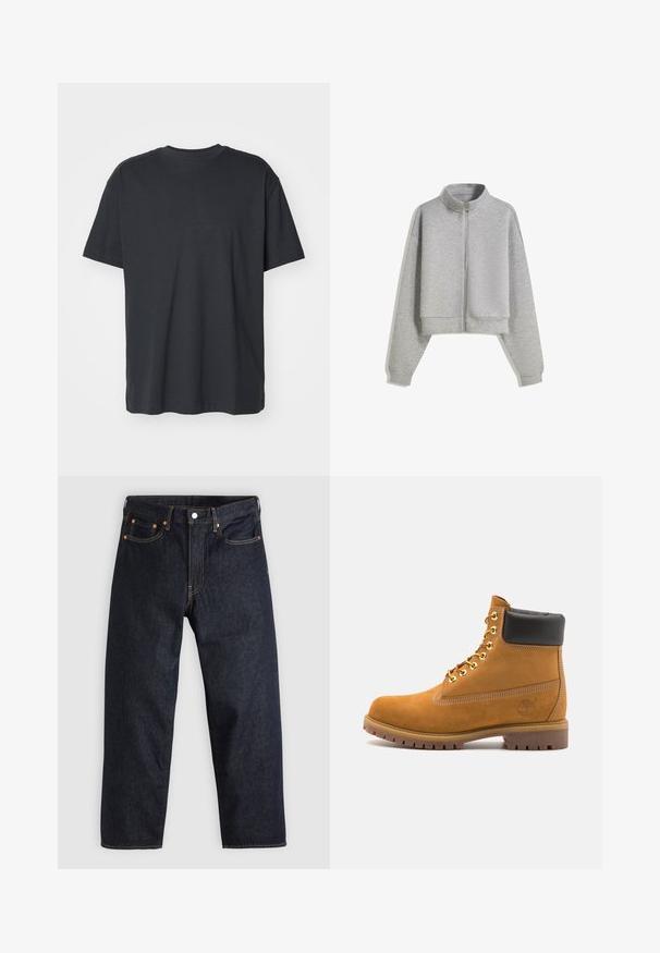 Zkrácená šedá mikina na zip s vysokým límcem, dlouhými rukávy a žebrovanými manžetami. Vyrobena z měkkého, lehkého materiálu s hladkou texturou.; Černé bavlněné tričko s krátkým rukávem, kulatým výstřihem, volným střihem a hladkým povrchem. Žádné viditelné vzory ani další detaily.; Tmavomodré džíny z denimu se straight střihem, pěti kapsami, kontrastním oranžovým šitím a knoflíkovým zapínáním. Žádné viditelné vzory ani ozdoby.; Hnědé semišové kotníkové boty s černým polstrovaným límcem, zlatými kovovými očky, bílým prošíváním a odolnou gumovou podrážkou s výraznými drážkami.