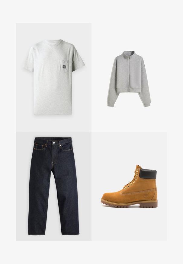 Avskuren grå zip-up sweatshirt med hög krage, långa ärmar och ribbade ärmslut. Tillverkad av ett mjukt, lätt material med en slät yta.; Grå bomullströja för män med rund halsringning, korta ärmar och ficka på vänster bröst med en liten svart logotyp; Mörkblå denimjeans med rak passform, fem fickor, kontrasterande orange sömmar och knappgylf. Inga synliga mönster eller dekorationer.; Tan mockasins ankelstövlar med svart vadderad krage, guldmetallöglor, vit sömdekor och slitstöt gummisula med utmärkta mönster.