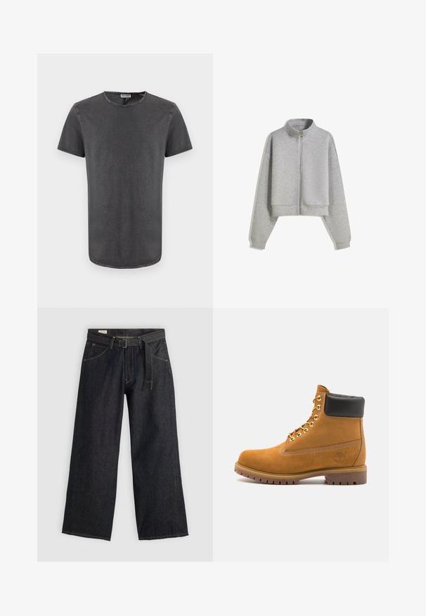 Skrátená šedá mikina na zips s vysokým golierom, dlhými rukávmi a rebrovanými manžetami. Vyrobená z mäkkého, ľahkého materiálu s hladkou textúrou.; Sivý krátky rukáv tričko s okrúhlym výstrihom, vyrobené z mäkkej látky, s jemne zakriveným lemom a viditeľnými stehovými detailmi.; Tmavé denimové nohavice so širokými nohavicami a opaskom v páse, s prednými vreckami a kontrastným šitím. Hladká textúra s čistým dizajnom.; Tyrkysové semišové členkové topánky s čiernym polstrovaným golierom, zlatými kovovými očkami, bielym prešívaním a robustnou gumovou podrážkou s výraznými drážkami.