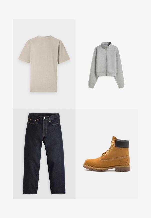 Cropped gray zip-up sweatshirt with a high collar, long sleeves, and ribbed cuffs. Made from soft, lightweight material with a smooth texture.; Short-sleeve t-shirt in light beige with a crew neck, made from soft fabric, featuring a smooth texture and simple design without graphics.; Dark blue denim jeans with a straight cut, five pockets, contrasting orange stitching, and a button fly. No visible patterns or embellishments.; Tan suede ankle boot with black padded collar, gold metal eyelets, white stitching detailing, and rugged rubber sole with pronounced treads.