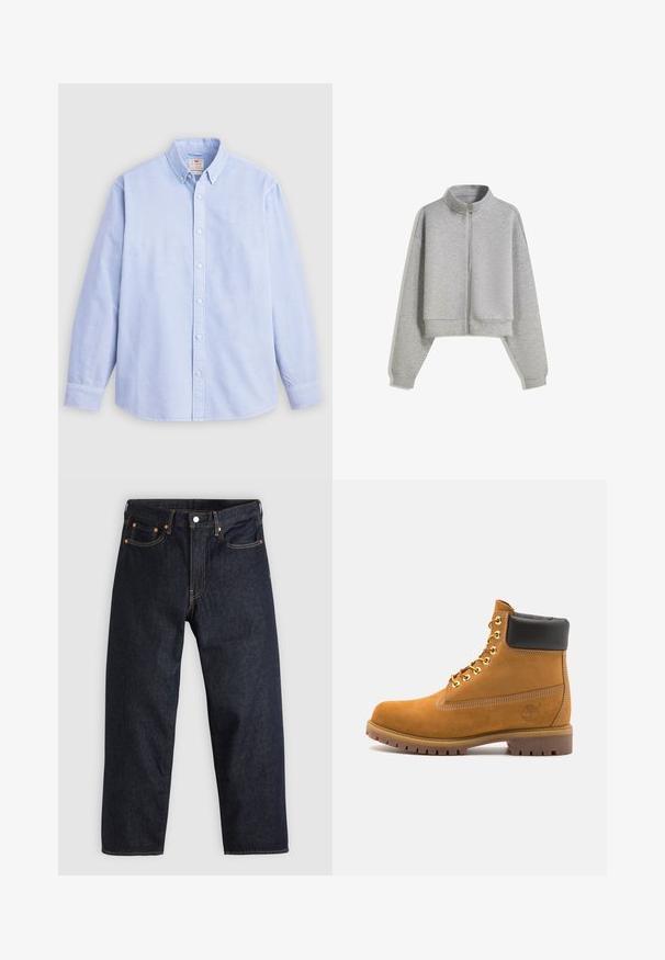 Felpa grigia corti con zip e colletto alto, maniche lunghe e polsini a costine. Realizzata in un materiale morbido e leggero con una texture liscia.; Gilet senza maniche nero realizzato in cotone biologico, con scollatura a V, chiusura con zip frontale e due tasche laterali. Design minimalista.; Camicia button-up a maniche lunghe di colore blu chiaro, realizzata in cotone, con colletto classico e un discreto ricamo del marchio sul petto sinistro.; Jeans in denim blu scuro con taglio dritto, cinque tasche, cuciture arancioni a contrasto e chiusura con bottone. Nessun motivo o decorazione visibile.; Stivale alla caviglia in suede tan con collare imbottito nero, occhielli in metallo dorato, dettagli in cucitura bianca e suola in gomma robusta con battistrada pronunciato.