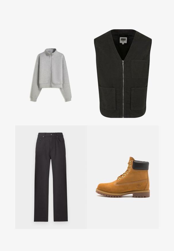 Skraćeni sivi dukserica na zatvaranje s visokim ovratnikom, dugim rukavima i rebrastim manžetama. Izrađena od mekanog, laganog materijala s glatkom teksturom.; Crni bezrukavnik od organskog pamuka, s V-izrezom, prednjim patentnim zatvaračem i dva bočna džepa. Minimalistički dizajn.; Bijela majica uskog kroja od pamuka. Okrugli izrez, kratki rukavi, glatka tekstura. Mali crni logo na rubu. Jednostavan dizajn.; Crne traperice s ravnim krojem, vidljivim šavovima, pet džepova i kopčanjem na gumak u struku. Glatka tekstura.; Antracitne antilop čizme do gležnjeva s crnim podstavljenim ovratnikom, zlatnim metalnim rupicama, bijelim šavovima i robusnom gumenom potplatom s izraženim šarama.