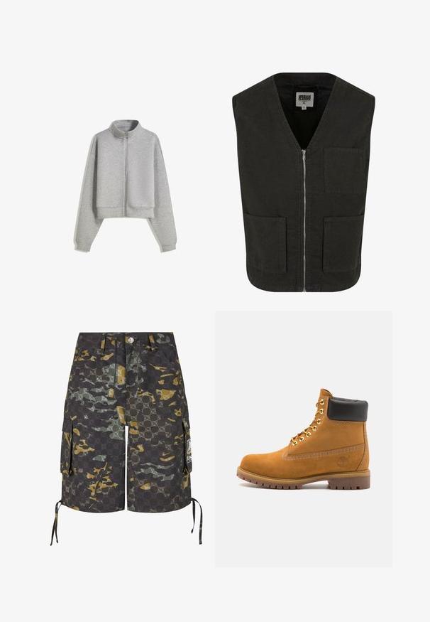 Zkrácená šedá mikina na zip s vysokým límcem, dlouhými rukávy a žebrovanými manžetami. Vyrobena z měkkého, lehkého materiálu s hladkou texturou.; Černá bezrukávová vesta vyrobená z organické bavlny, s výstřihem do V, předním zipovým zapínáním a dvěma bočními kapsami. Minimalistický design.; Bílá tričko s těsným střihem vyrobené z bavlny. Kolečkový výstřih, krátké rukávy, hladká textura. Malá černá visačka s logem na lemu. Jednoduchý design.; Kargo šortky z maskáčové látky s tmavě šedými, zelenými a žlutými vzory. Obsahují boční kapsy a nastavitelná šňůrky.; Hnědé semišové kotníkové boty s černým polstrovaným límcem, zlatými kovovými očky, bílým prošíváním a odolnou gumovou podrážkou s výraznými drážkami.