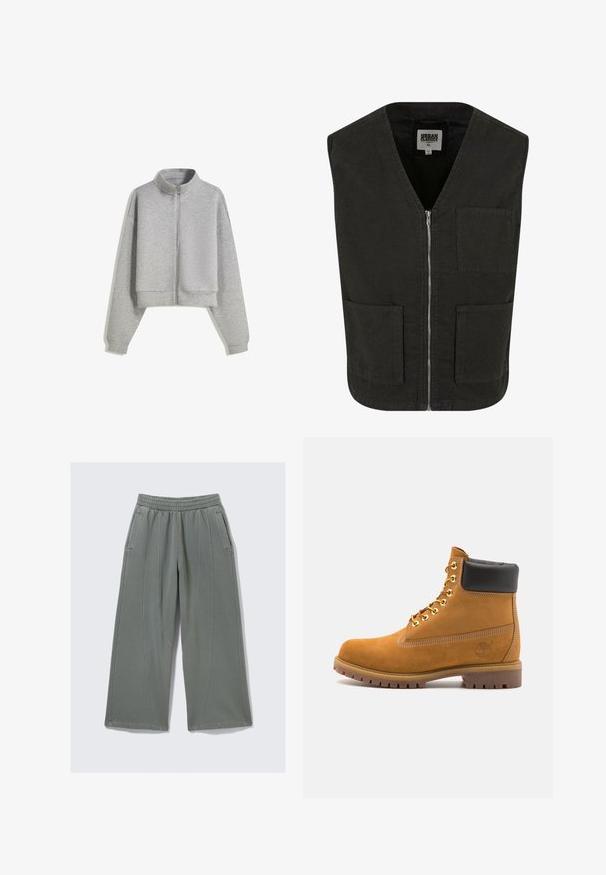 Skraćeni sivi dukserica na zatvaranje s visokim ovratnikom, dugim rukavima i rebrastim manžetama. Izrađena od mekanog, laganog materijala s glatkom teksturom.; Crni bezrukavnik od organskog pamuka, s V-izrezom, prednjim patentnim zatvaračem i dva bočna džepa. Minimalistički dizajn.; Bijela majica uskog kroja od pamuka. Okrugli izrez, kratki rukavi, glatka tekstura. Mali crni logo na rubu. Jednostavan dizajn.; Svijetlosive hlače širokih nogavica napravljene od mekanog materijala, s elastičnom strukom i dva bočna džepa, uz vidljive detalje šivanja.; Antracitne antilop čizme do gležnjeva s crnim podstavljenim ovratnikom, zlatnim metalnim rupicama, bijelim šavovima i robusnom gumenom potplatom s izraženim šarama.