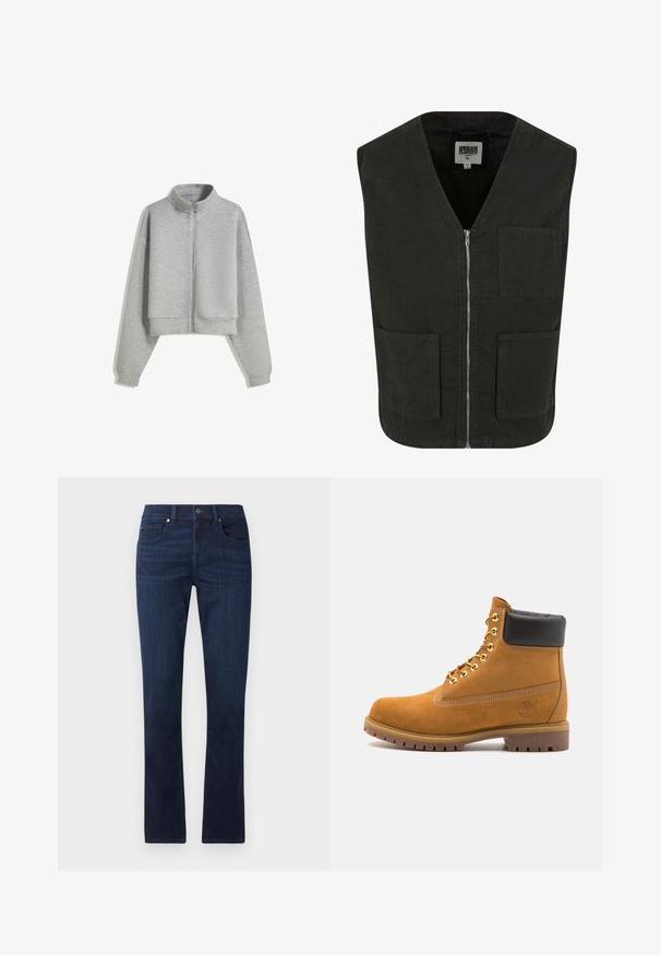 Gecropter grauer Zip-Hoodie mit hohem Kragen, langen Ärmeln und gerippten Bündchen. Hergestellt aus weichem, leichtem Material mit einer glatten Textur.; Schwarze ärmellose Weste aus Bio-Baumwolle mit V-Ausschnitt, vorderem Reißverschluss und zwei Seitentaschen. Minimalistisches Design.; Weißes Muskel-fitt T-Shirt aus Baumwolle. Rundhals, kurze Ärmel, glatte Textur. Kleines schwarzes Logo-Tag am Saum. Schlichtes Design.; Dunkelblaue Jeans aus Denim mit geradem Bein, ausgestattet mit einem Frontknopf und einem Reißverschluss, sowie klassischem Fünf-Taschen-Design.; Beige Wildleder-Ankle-Boot mit schwarzem gepolstertem Kragen, goldenen Metallösen, weißen Nähdetalben und einer robusten Gummisohle mit ausgeprägtem Profil.