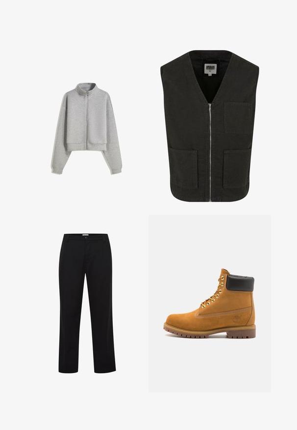 Lyhythihainen harmaa vetoketjullinen huppari, jossa on korkea kaulus, pitkiä hihoja ja ribbireunat. Valmistettu pehmeästä, kevyestä materiaalista, jossa on sileä pinta.; Musta hihaton liivi, joka on valmistettu luomupuuvillasta. Siinä on V-kaula-aukko, etuvetoketjusuljenta ja kaksi sivutaskua. Minimalistinen muotoilu.; Valkoinen lihaksen istuvuus t-paita, joka on valmistettu puuvillasta. Pyöreä kaula-aukko, lyhyet hihat, sileä rakenne. Pieni musta logotagi helman kohdalla. Yksinkertainen muotoilu.; Mustat housut suoralla lahkeella, valmistettu sileästä kankaasta, joissa on nappikiinnitys ja vyölenkit. Ei näkyviä kuvioita tai yksityiskohtia.; Valkoinen nahkainen nilkkuri mustalla pehmustetulla kauluksella, kultaisilla metallisilla rei'illä, valkoisella ompeluksella ja jykevällä kumipohjalla, jossa on selvästi näkyvät urat.