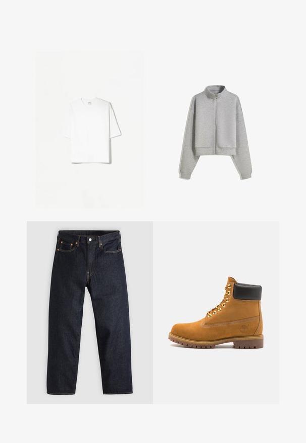 Hanorac scurt gri cu fermoar, guler înalt, mâneci lungi și manșoane ribbate. Fabricat dintr-un material moale, ușor, cu o textură netedă.; Vest negru fără mâneci, confecționat din bumbac organic, cu decolteu în V, închidere cu fermoar în față și două buzunare laterale. Design minimal.; Tricou alb din bumbac, cu o croială lejeră, mâneci scurte, decolteu rotund și margine dreaptă. Textură netedă, fără modele sau embellishments.; Jeans de denim albastru închis, cu croială dreaptă, cinci buzunare, cusături contrastante de portocaliu și fermoar cu buton. Fără modele sau embellishments vizibile.; Cizmă de gleznă din întoarsă de culoare bej, cu guler negru căptușit, ochiuri din metal auriu, detalii de cusătură albă și talpă din cauciuc robustă, cu un model pronunțat.